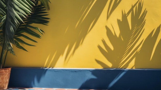 Eine Frau steht vor einer gelben Wand mit einer Palme und einer blauen Wand, die den Schatten einer Palme hat.