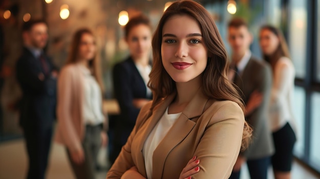 eine Frau steht vor einer Gruppe von Menschen im Hintergrund