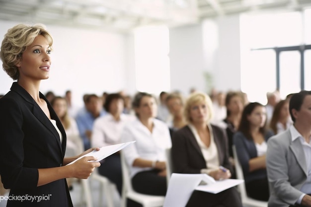 eine Frau steht vor einer Gruppe von Menschen in einem Konferenzraum