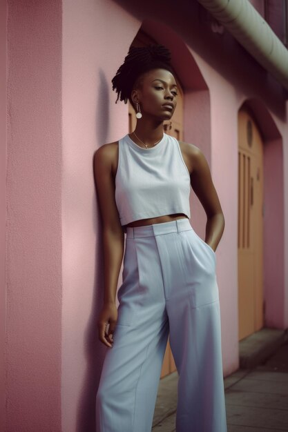 Eine Frau steht vor einer rosa Wand und trägt ein blaues Top und ein weißes Tanktop.