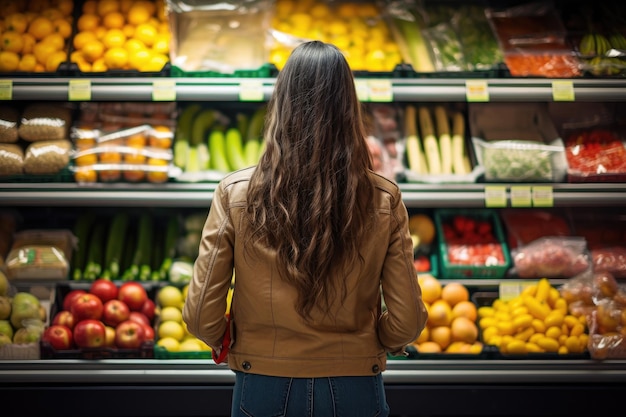 Eine Frau steht vor einer Vielzahl von frischem Obst und Gemüse zum Verkauf Closeup-Frau, die Gemüse und Obst in einem Lebensmittelgeschäft kauft