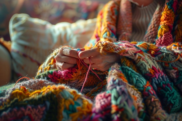 Eine Frau strickt eine bunte Decke aus großem Garn