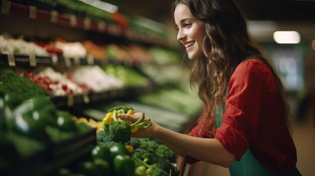 Eine Frau sucht nach Bio-Gemüse im Regal des TOP-Supermarkts Lokales frisches Gemüse