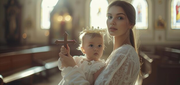 eine Frau tauft ein Baby in der Kirche