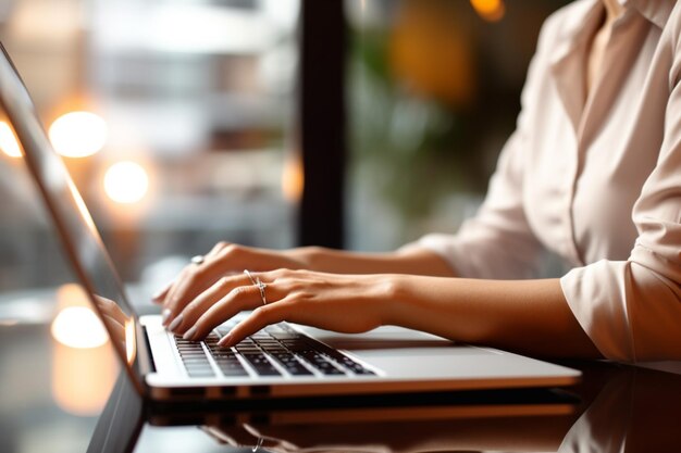 Eine Frau tippt auf einem Laptop mit verschwommenem Hintergrund