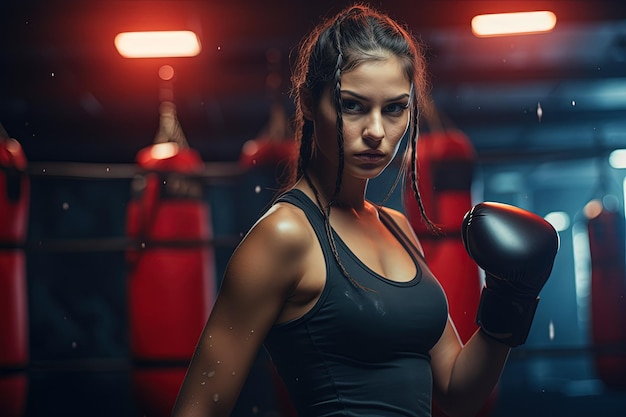 Eine Frau trägt Boxhandschuhe in einem Fitnessstudio