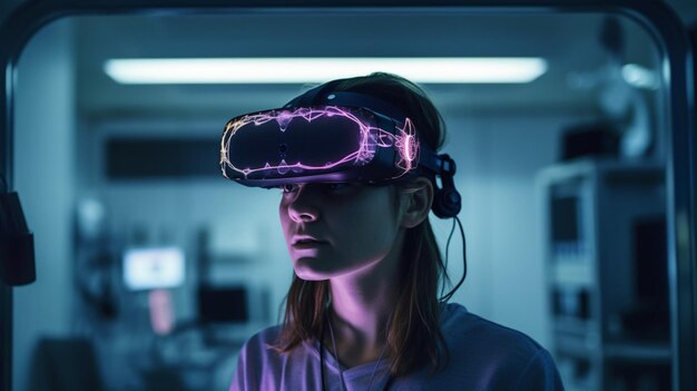 Eine Frau trägt ein VR-Headset mit eingeschaltetem violettem Licht.