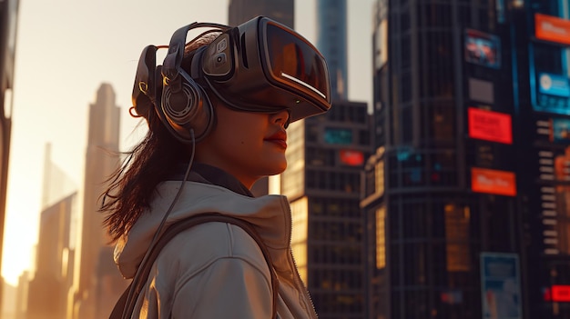 Foto eine frau trägt ein vr-headset und schaut sich etwas im freien mit cyberpunk-hintergrund an