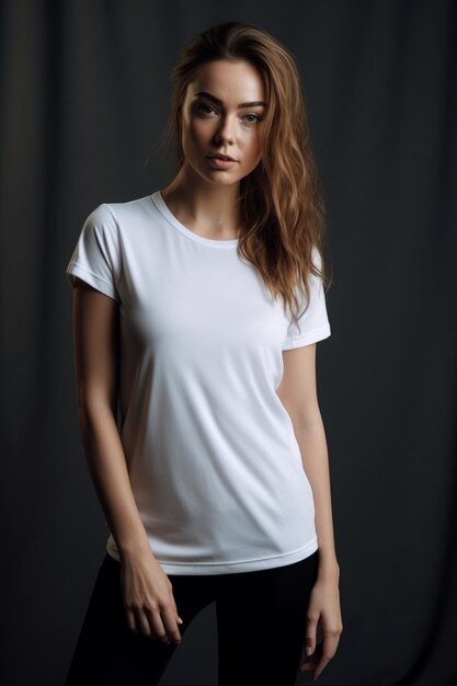 Eine Frau trägt ein weißes T-Shirt mit schwarzem Hintergrund