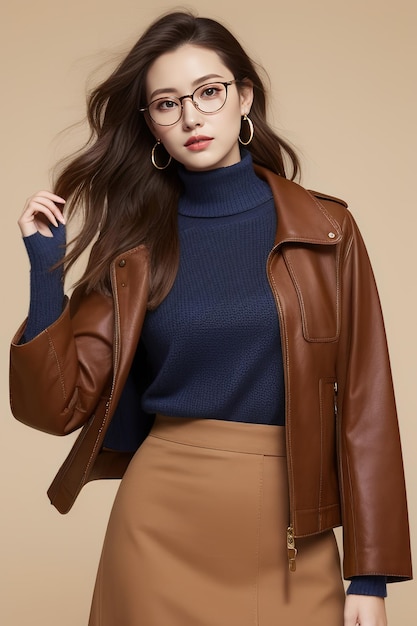 Eine Frau trägt eine braune Lederjacke mit Brille und einen blauen Pullover.