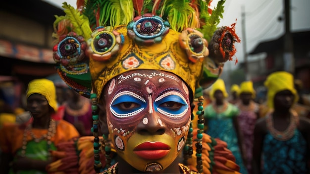 Eine Frau trägt eine bunte Maske des Stammes.