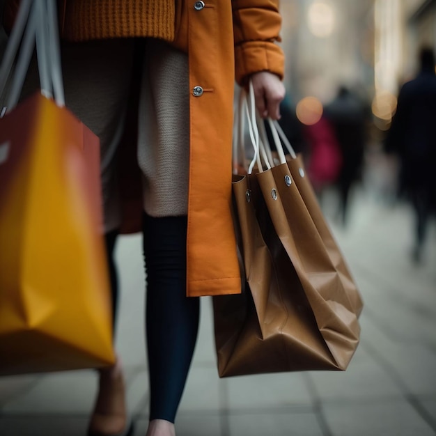 Eine Frau trägt eine Tasche und eine Tasche in der Hand.