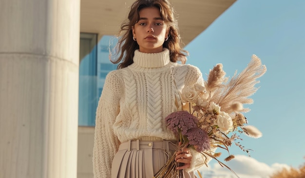 eine Frau trägt einen Elfenbein-Turtleneck-Sweater mit Bleistiftrock
