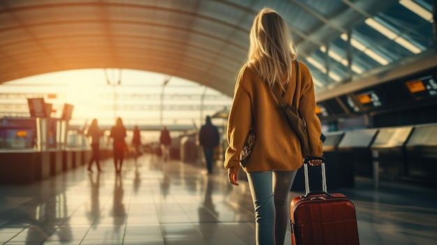 eine Frau trägt einen Koffer am Flughafen