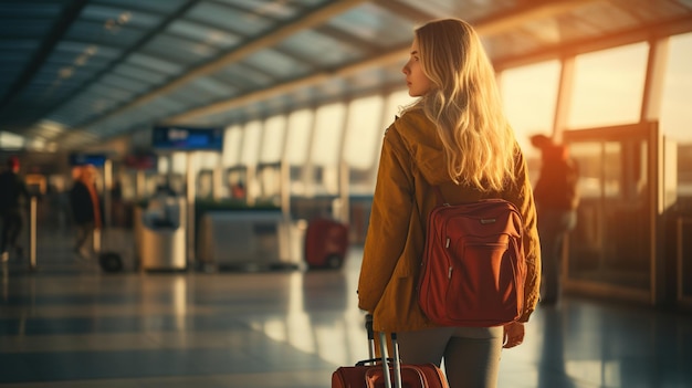 eine Frau trägt einen Koffer am Flughafen