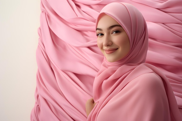 Eine Frau trägt einen rosa Hijab, um ihre Unterstützung für die Aufklärung über Brustkrebs in ihrer Gemeinde zu zeigen