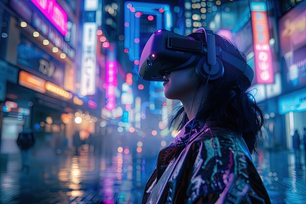 Eine Frau trägt nachts in einer Stadt ein Virtual-Reality-Headset