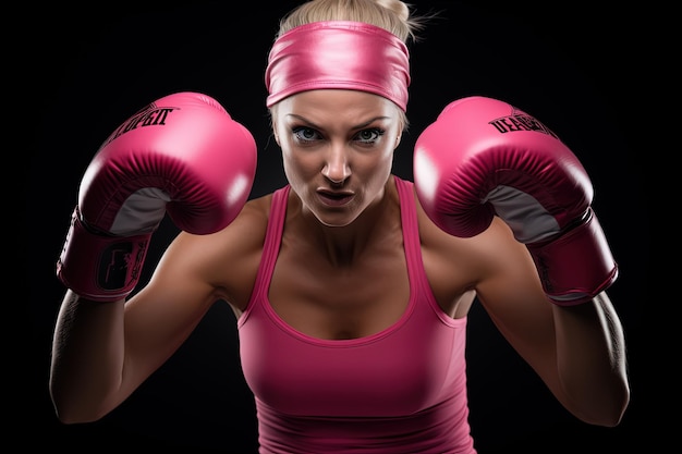 Foto eine frau trägt rosa boxhandschuhe und ein rosa top