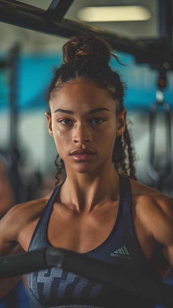 Eine Frau trainiert in einem Fitnessstudio mit einer Stange in der Hand und schaut in die Kamera