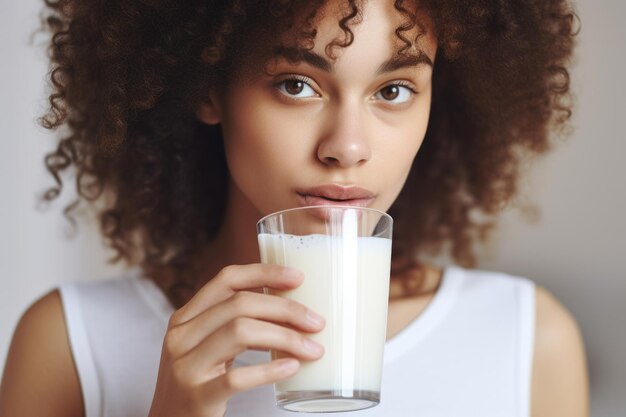 Foto eine frau trinkt ein glas milch. dieses bild kann verwendet werden, um die vorteile des milchkonsums zu fördern.