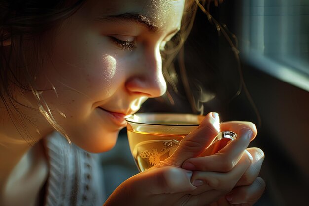 Foto eine frau trinkt ein glas wein