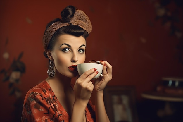 Eine Frau trinkt eine Tasse Kaffee in einem roten Kleid
