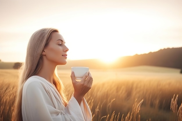 Eine Frau trinkt Kaffee auf einem Feld.