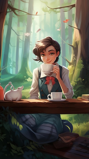 Eine Frau trinkt Tee im Wald mit einer Maus