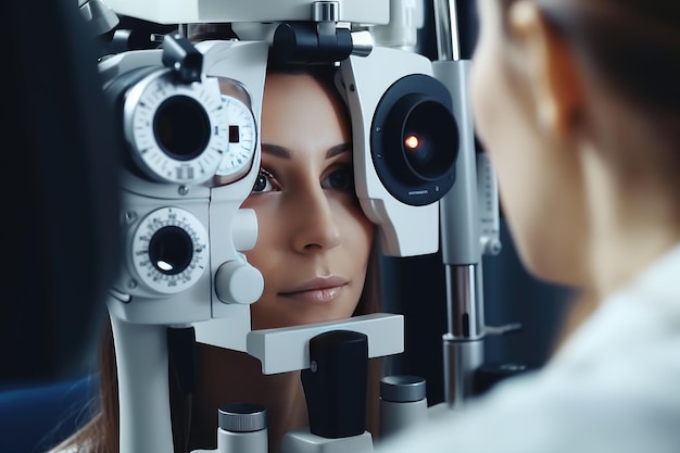 Eine Frau überprüft ihr Sehvermögen bei einem Augenarzt