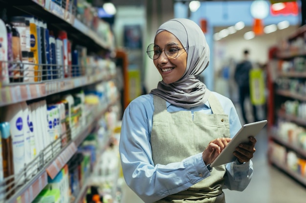 Eine Frau überprüft Produkte und Waren in einem Supermarkt. Eine muslimische Frau in einem Hijab verwendet ein Tablet in der Nähe von a