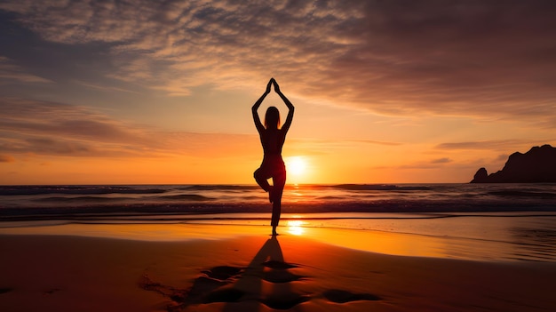 Eine Frau übt bei Sonnenaufgang auf dem Strand Yoga