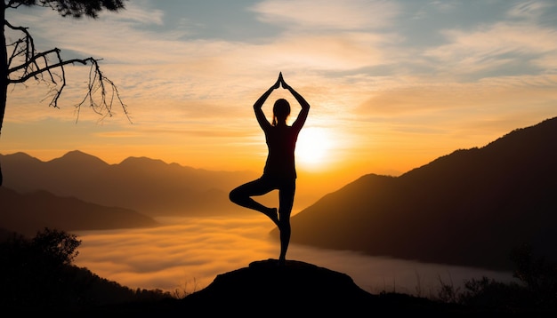 eine Frau übt Yoga auf einem Berg mit der Sonne hinter sich