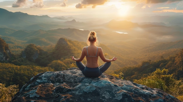 Eine Frau übt Yoga in den Bergen bei einem warmen Sonnenuntergang.