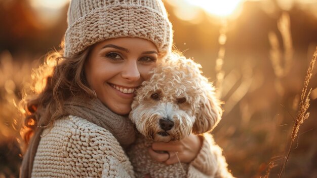 Eine Frau umarmt ihren Hund auf einem Feld bei Sonnenuntergang