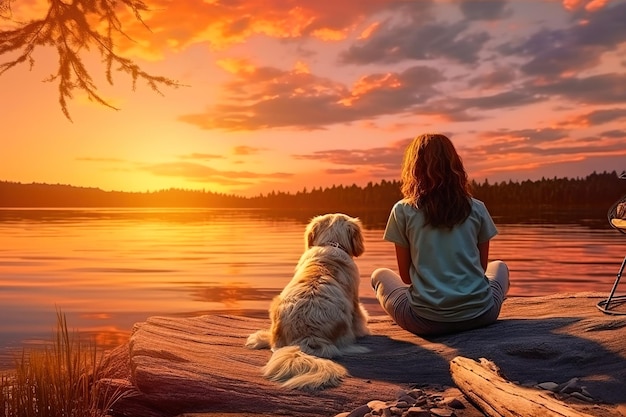 Eine Frau und ein Hund sitzen bei Sonnenuntergang am Ufer eines Sees