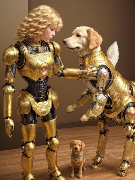 Eine Frau und ein Hund tragen goldene Roboter.