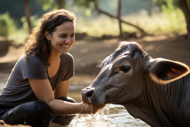 Eine Frau und ein junges Kalb teilen sich einen Moment der Verbindung