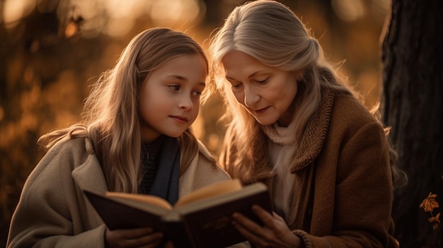 Eine Frau und ein junges Mädchen lesen gemeinsam ein Buch.