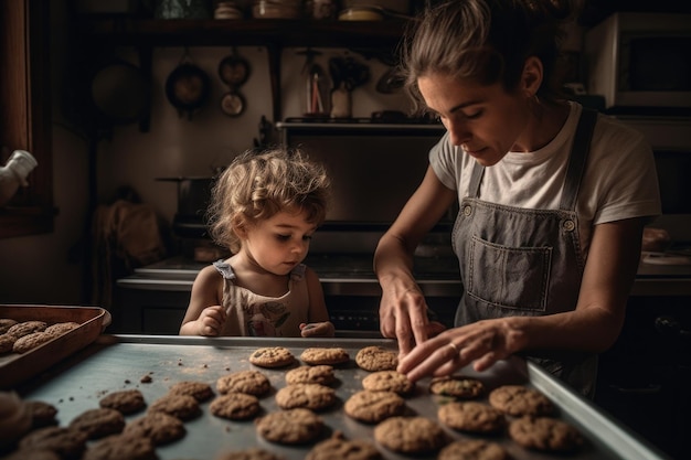 Eine Frau und ein Kind backen Kekse in einer Küche.