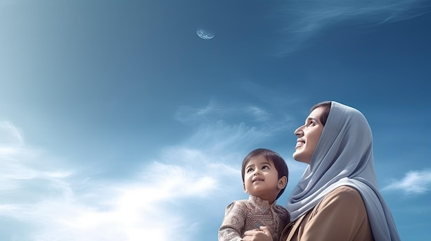 Eine Frau und ein Kind betrachten den Mond am Himmel.