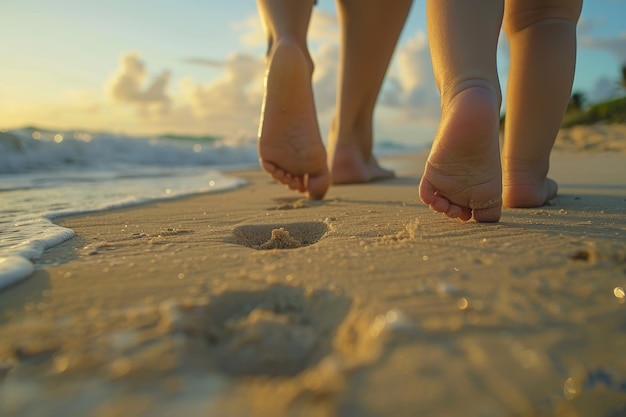 Eine Frau und ein Kind gehen am Strand spazieren