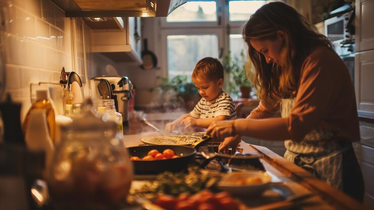eine Frau und ein Kind kochen in einer Küche mit einer Wasserflasche