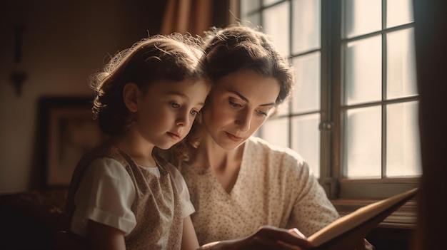 Eine Frau und ein Kind lesen zusammen ein Buch.