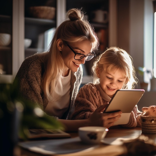 Eine Frau und ein Kind schauen auf einen Tablet-Computer