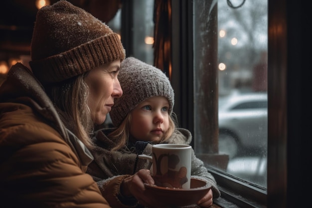 Eine Frau und ein Kind schauen aus einem Fenster mit einem schneebedeckten Fenster und einer Tasse Kaffee.