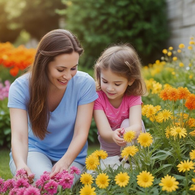 Eine Frau und ein Kind schauen sich Blumen an. Glücklicher Muttertag.