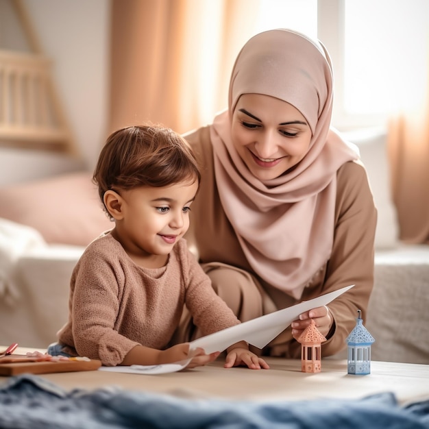 Eine Frau und ein Kind sitzen auf einem Bett und schauen sich ein Buch an