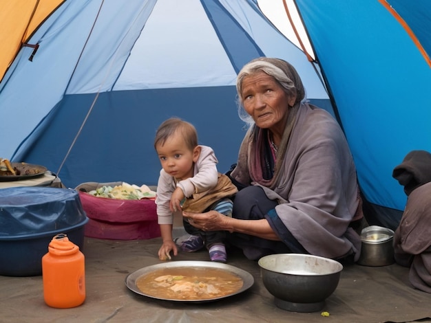eine Frau und ein Kind sitzen vor einem Zelt mit Nahrung und Wasser