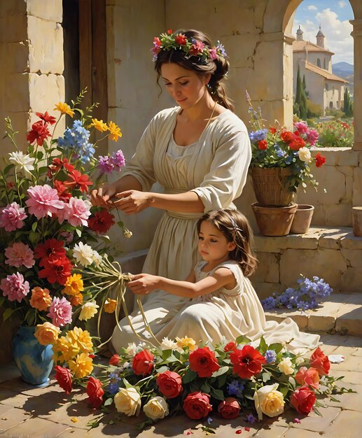 eine Frau und ein Kind stehen vor einem Blumentopf