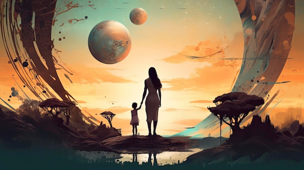 Eine Frau und ein Kind stehen vor einem Planeten.